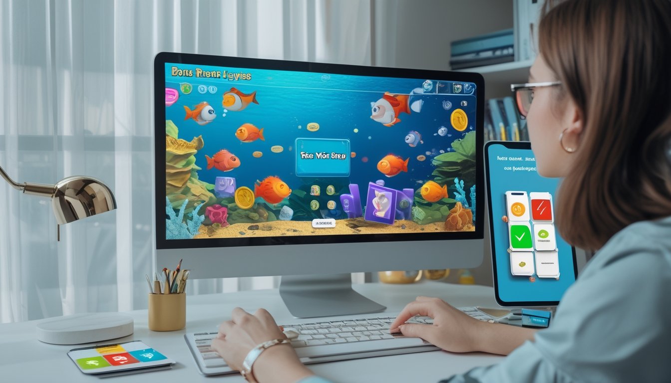 Meja kerja modern dengan monitor yang menampilkan permainan menembak ikan 2D dan ikon bonus, ditemani ponsel serta catatan perbandingan.