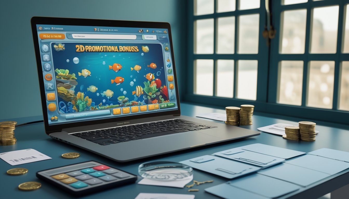 Meja analis dengan laptop menampilkan permainan ikan 2D dan perlengkapan untuk menilai promosi secara objektif.