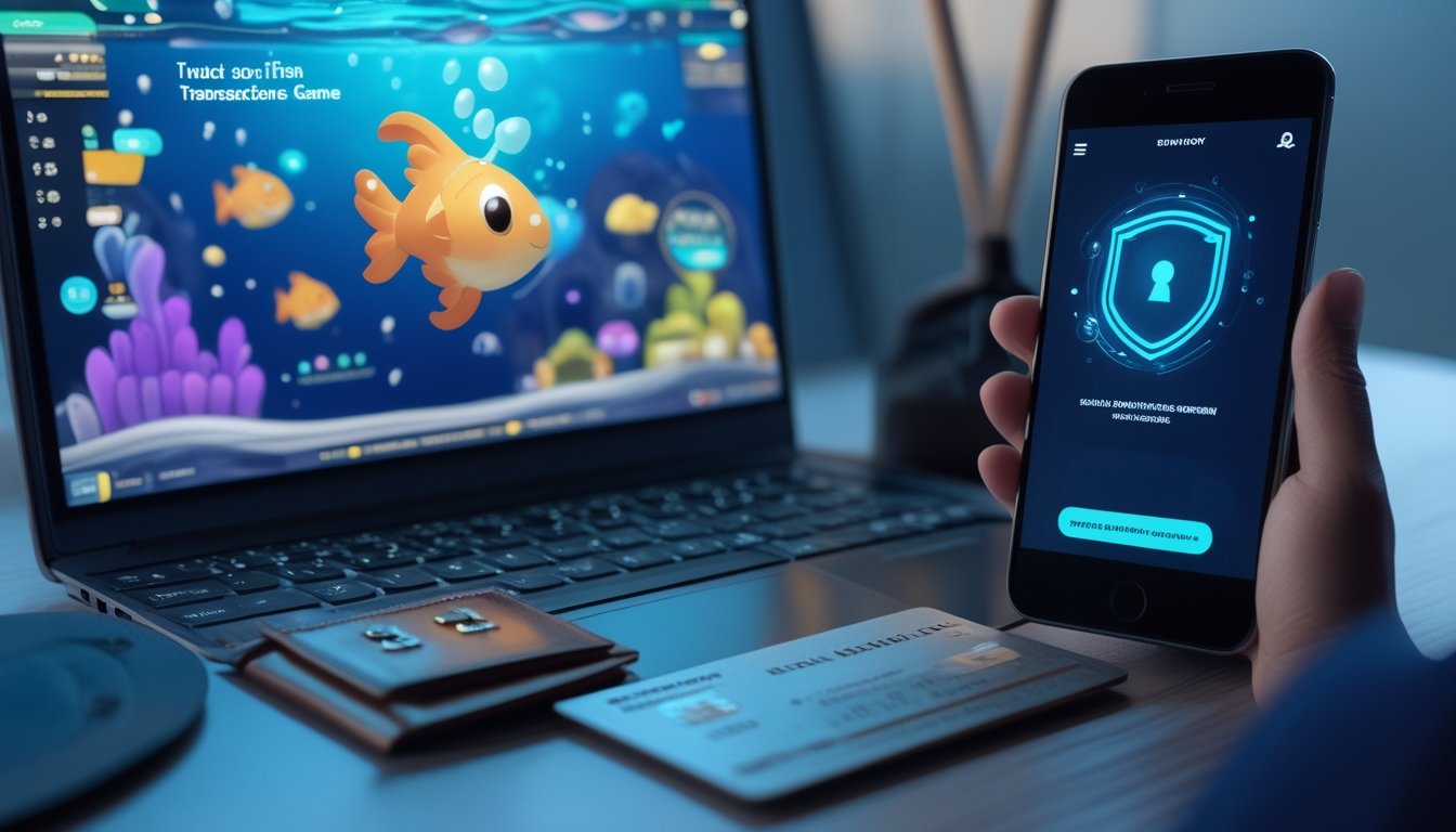 Laptop permainan ikan 2D dan ponsel dengan simbol pembayaran aman di ruang kerja modern.
