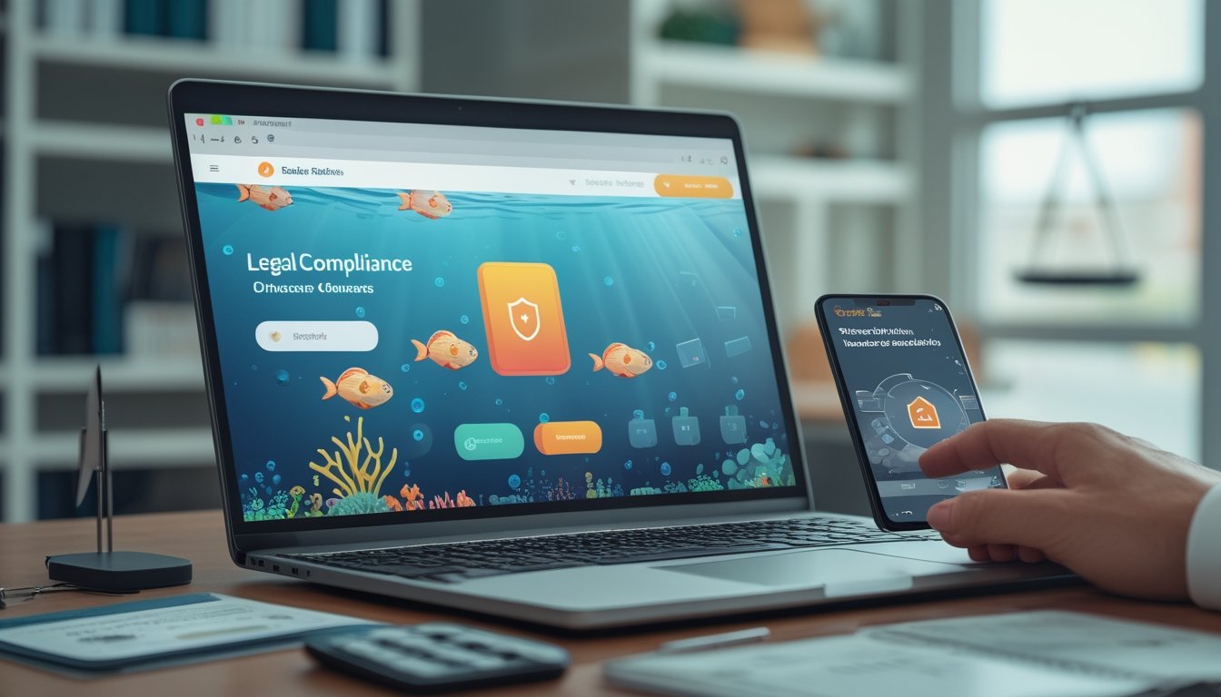 Laptop menampilkan permainan ikan 2D dengan ponsel, dokumen, dan simbol keamanan di meja kerja.