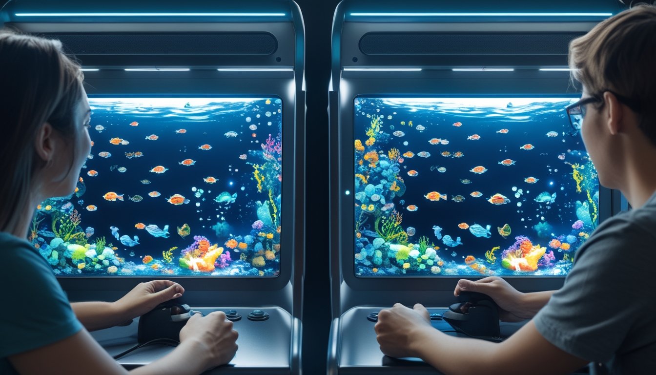Dua pemain bermain gim tembak ikan bawah laut secara kompetitif di mesin arkade.