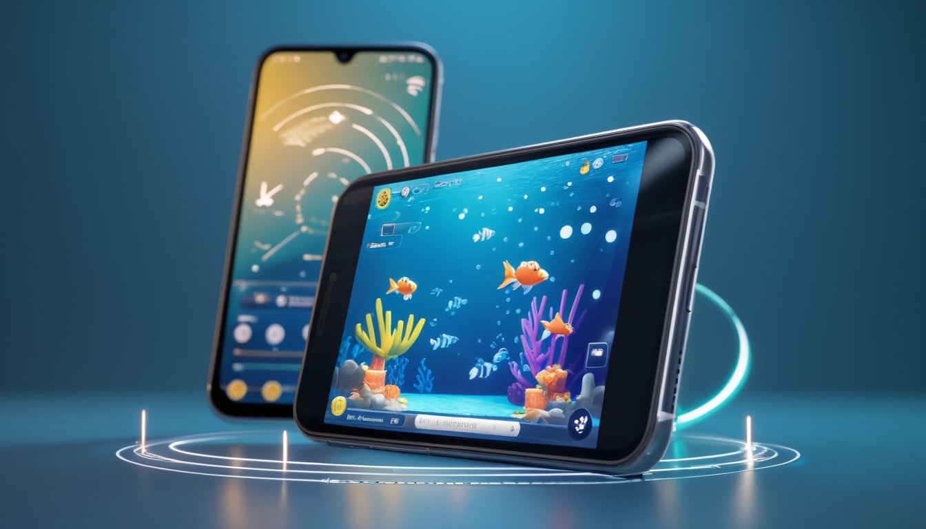 Dua ponsel menampilkan permainan menembak ikan 2D dengan latar bawah laut berwarna biru.