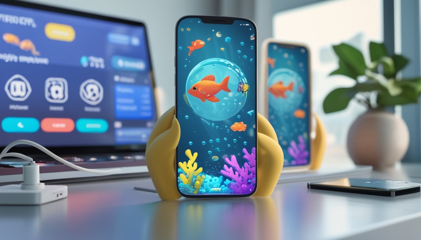 Dua ponsel menampilkan permainan menembak ikan 2D dengan laptop dan aksesori teknologi di atas meja.