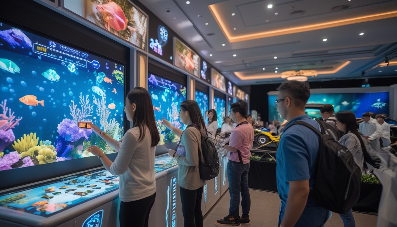 Orang-orang bermain permainan tembak ikan 2D di sebuah acara dengan hadiah mobil dan motor.