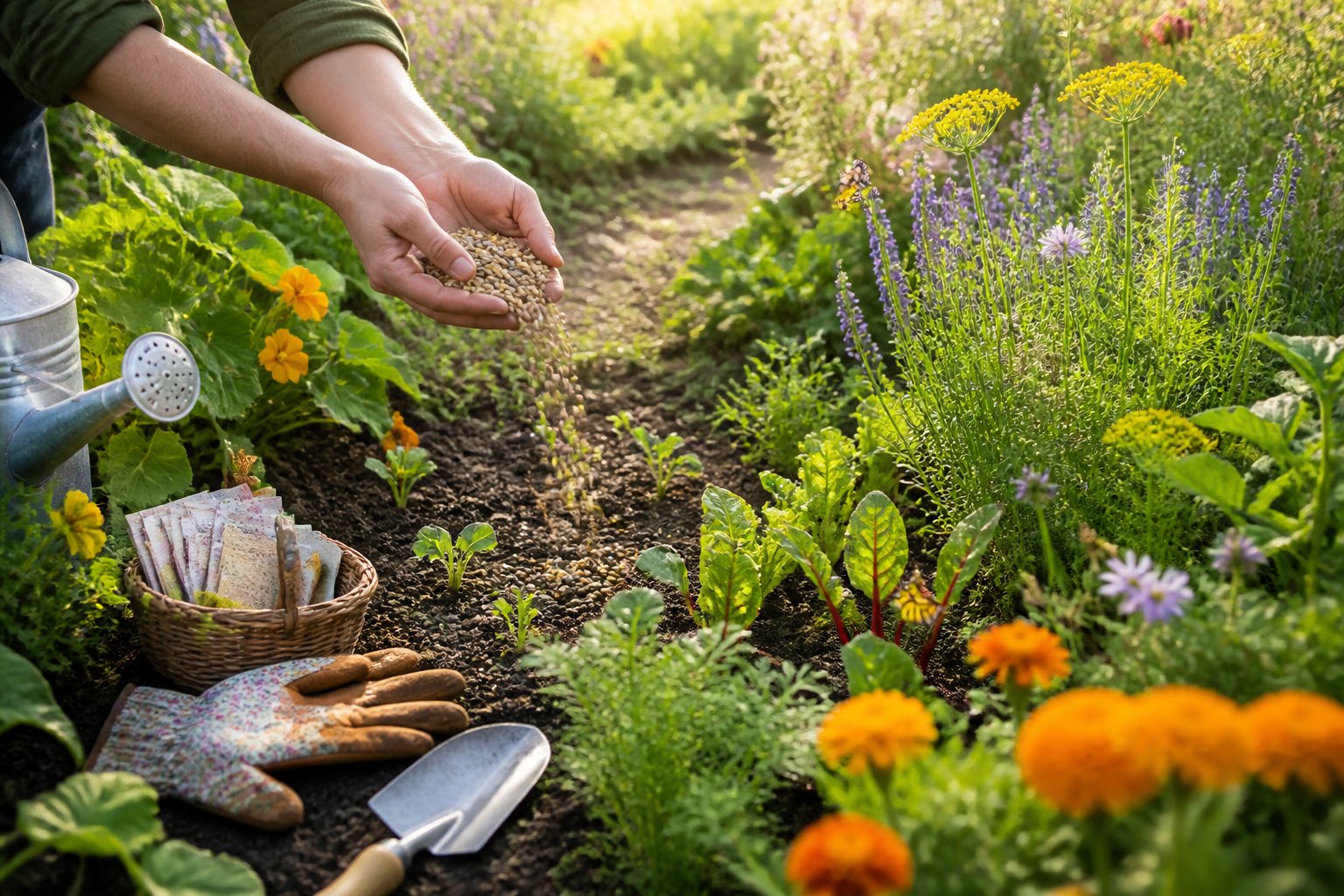 A gardener scatters seeds in a diverse, informally arranged backyard garden filled with vegetables, herbs, wildflowers, and pollinators.