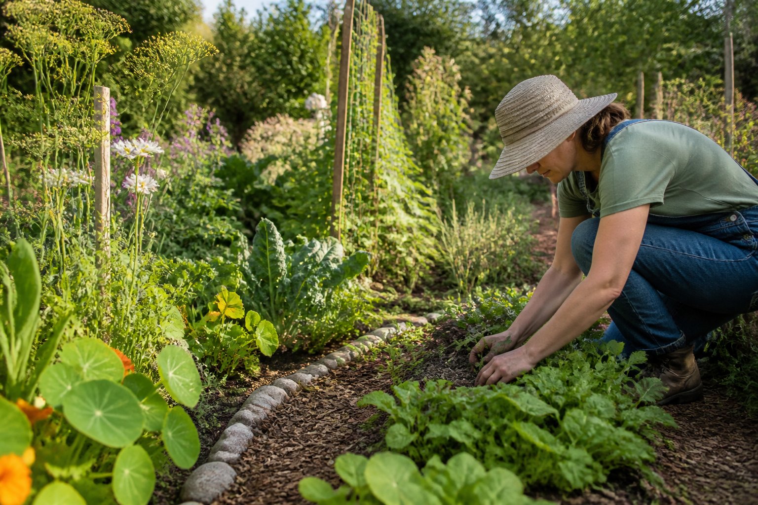 A gardener tends a lush, loosely organized garden bed filled with mixed vegetables, herbs, flowers, and seedlings.