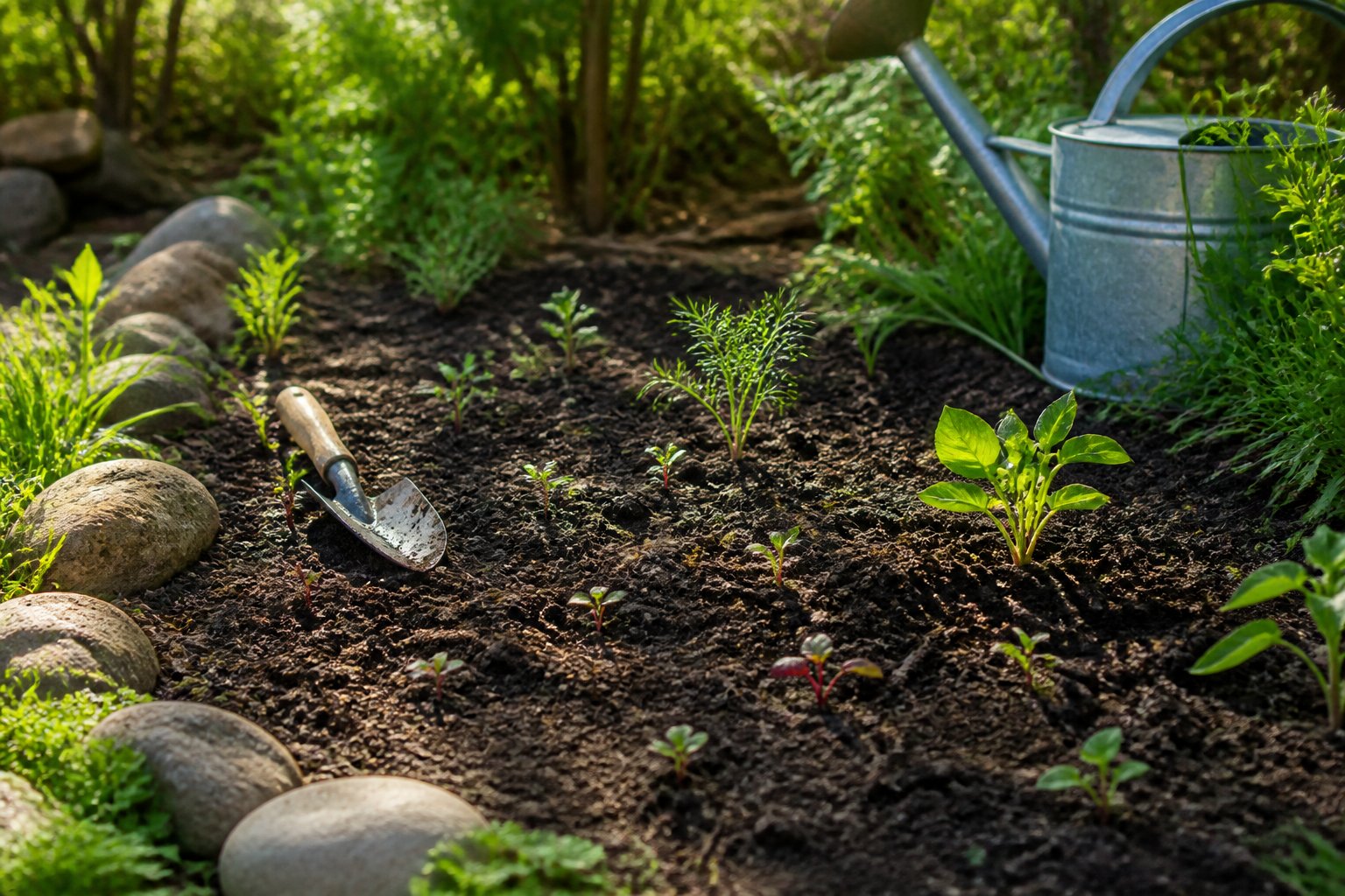 A sunny informal garden bed with loose soil, scattered seedlings, young plants, and gardening tools nearby.