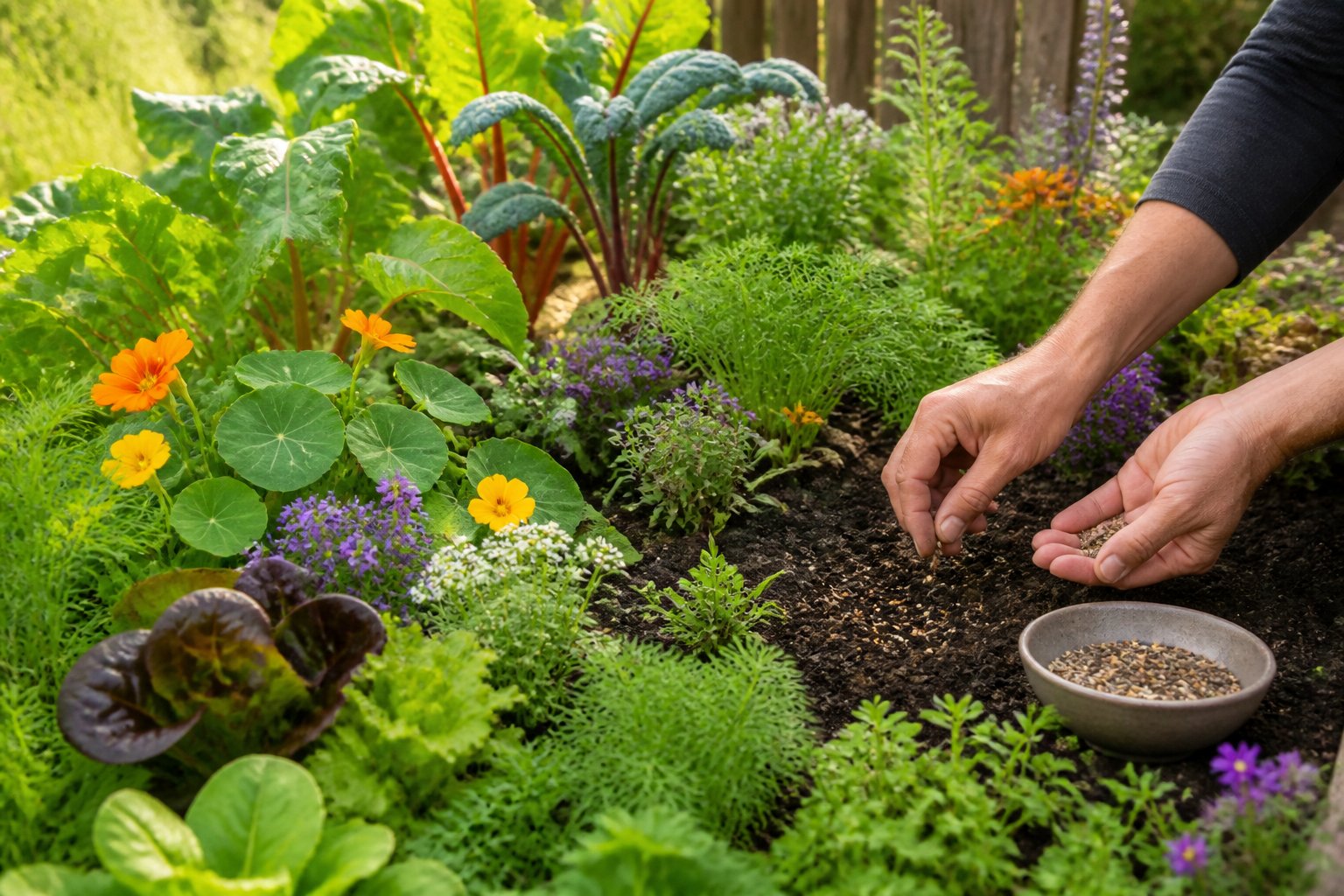 A gardener plants a diverse mix of compatible flowers, herbs, vegetables, and leafy greens in a backyard garden bed.