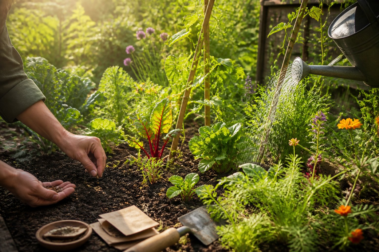 A gardener sows seeds, waters plants, and supports mixed growth in a thriving informal garden bed.