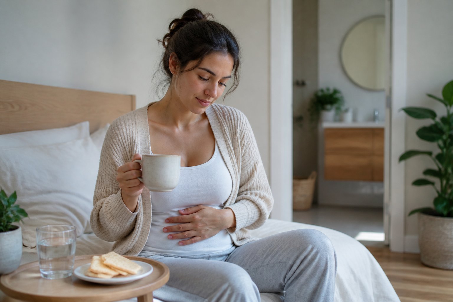 A woman rests her hand on her abdomen while holding a mug beside crackers and water.