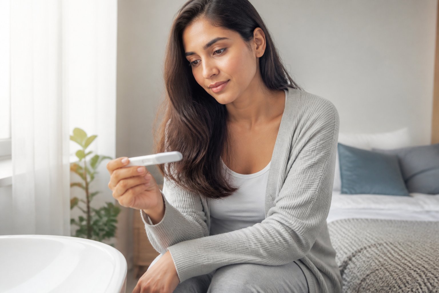 Woman thoughtfully holding a pregnancy test in a softly lit bedroom.