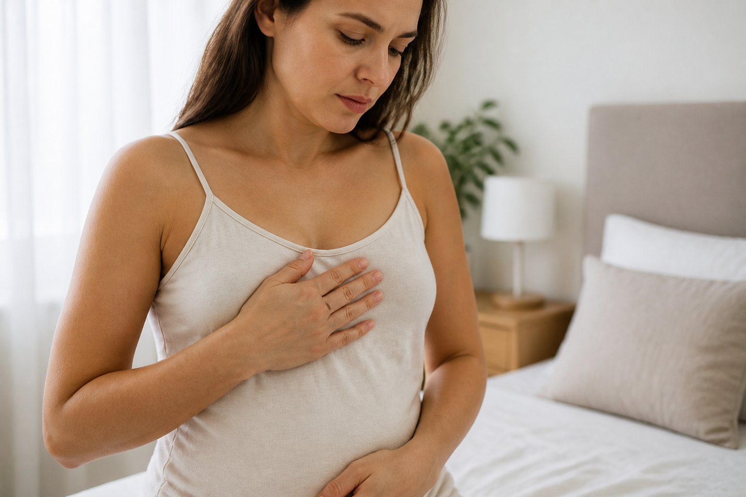 Woman gently supporting her sore, swollen breasts in a calm bedroom setting.