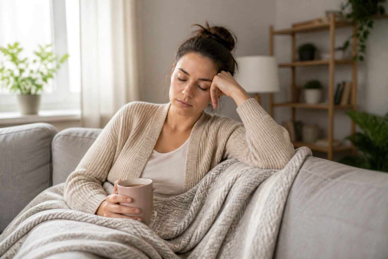 Tired woman resting on a sofa with a blanket and cup of tea.