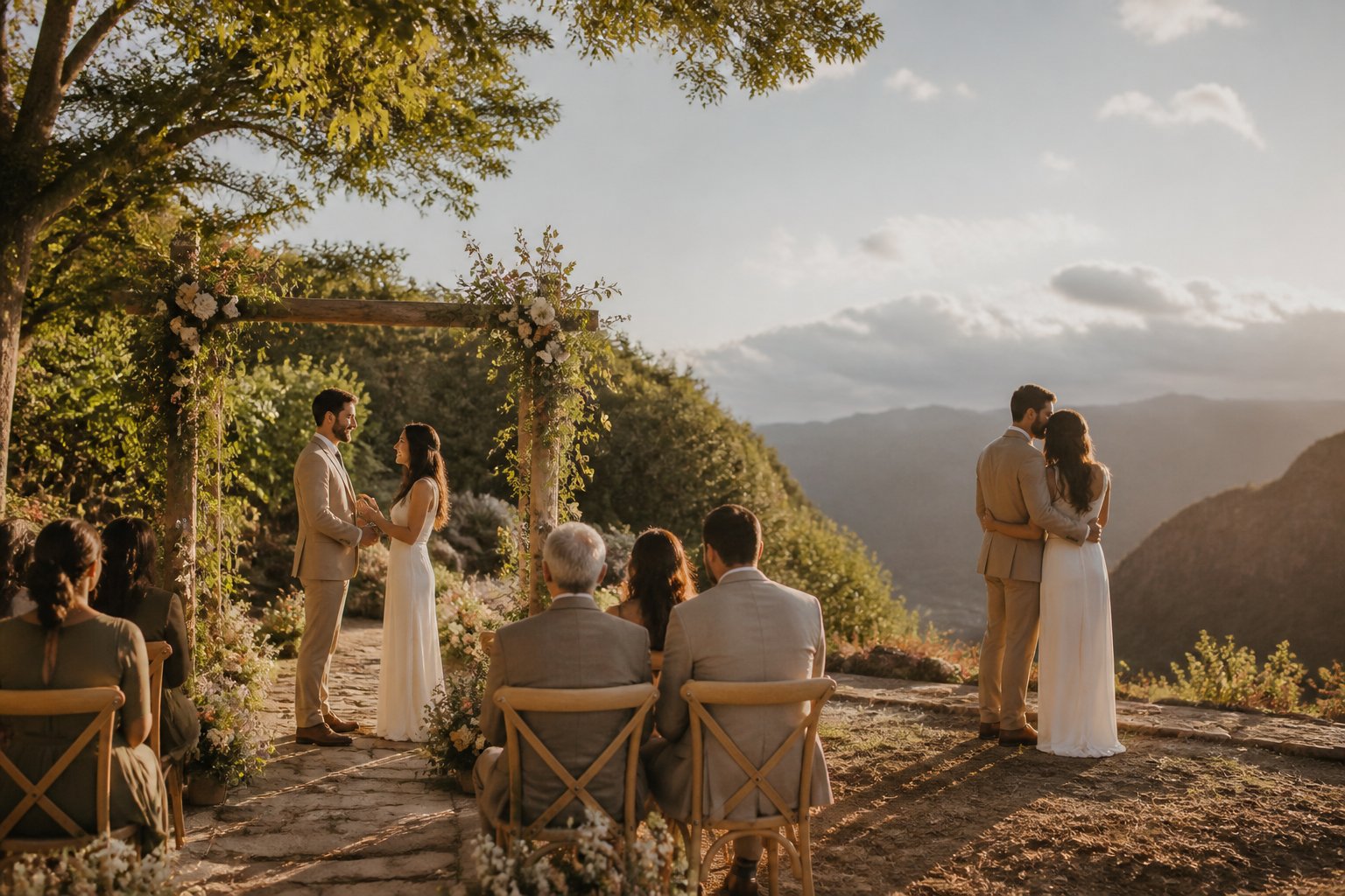 A couple celebrates an intimate garden wedding while also sharing a private moment together at a scenic mountain overlook.