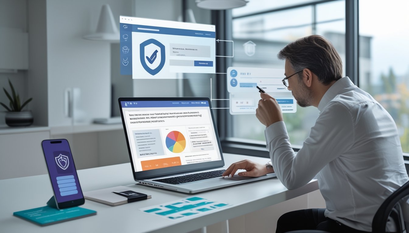 Seseorang memeriksa keamanan situs web di laptop dan ponsel dengan bantuan simbol perisai serta daftar verifikasi.