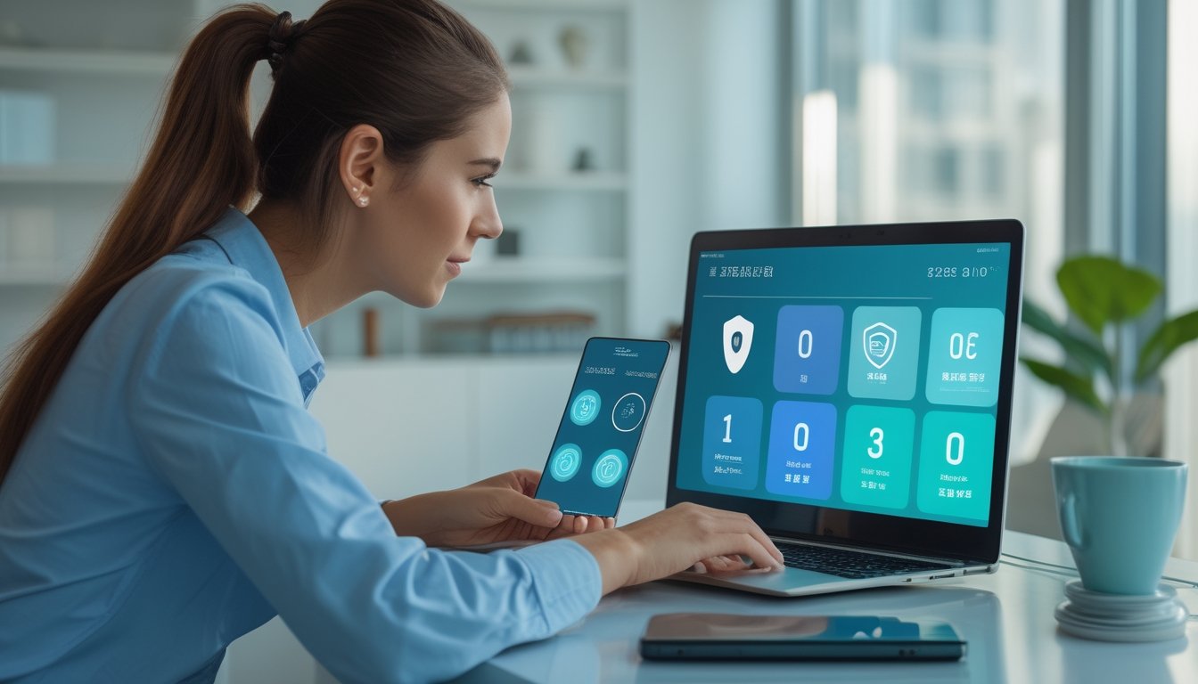 Orang dewasa meninjau platform permainan digital yang aman di laptop dalam ruang kerja modern.