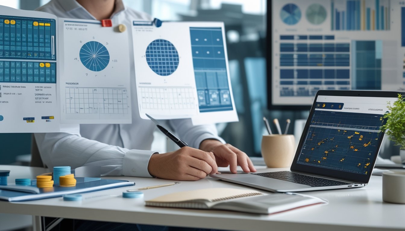 Seorang analis mempelajari grafik angka dan probabilitas di meja kerja modern.