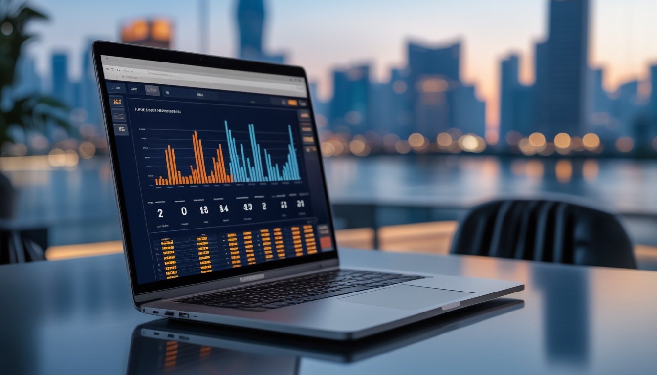 Laptop dan ponsel menampilkan visualisasi data abstrak di ruang kerja modern dengan siluet kota bercahaya di latar belakang.