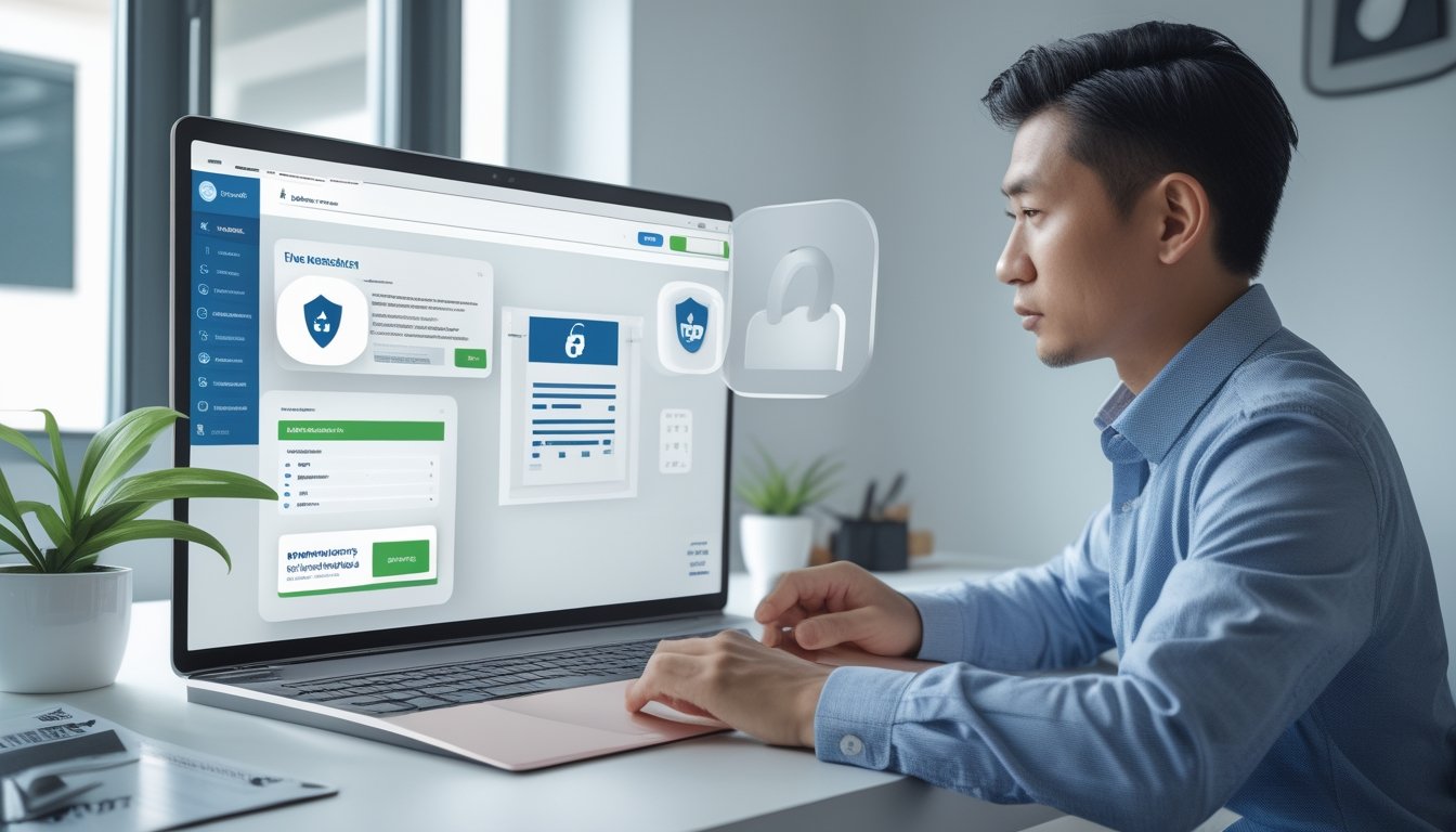 Seorang profesional memeriksa keamanan layanan online di laptop dengan simbol perisai, gembok, dan daftar pemeriksaan di meja.