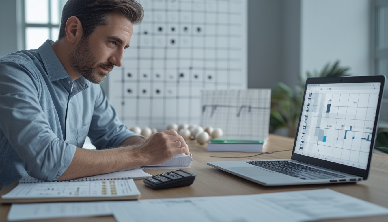 Seorang analis mempelajari bola angka dan grafik abstrak di meja kerja modern.
