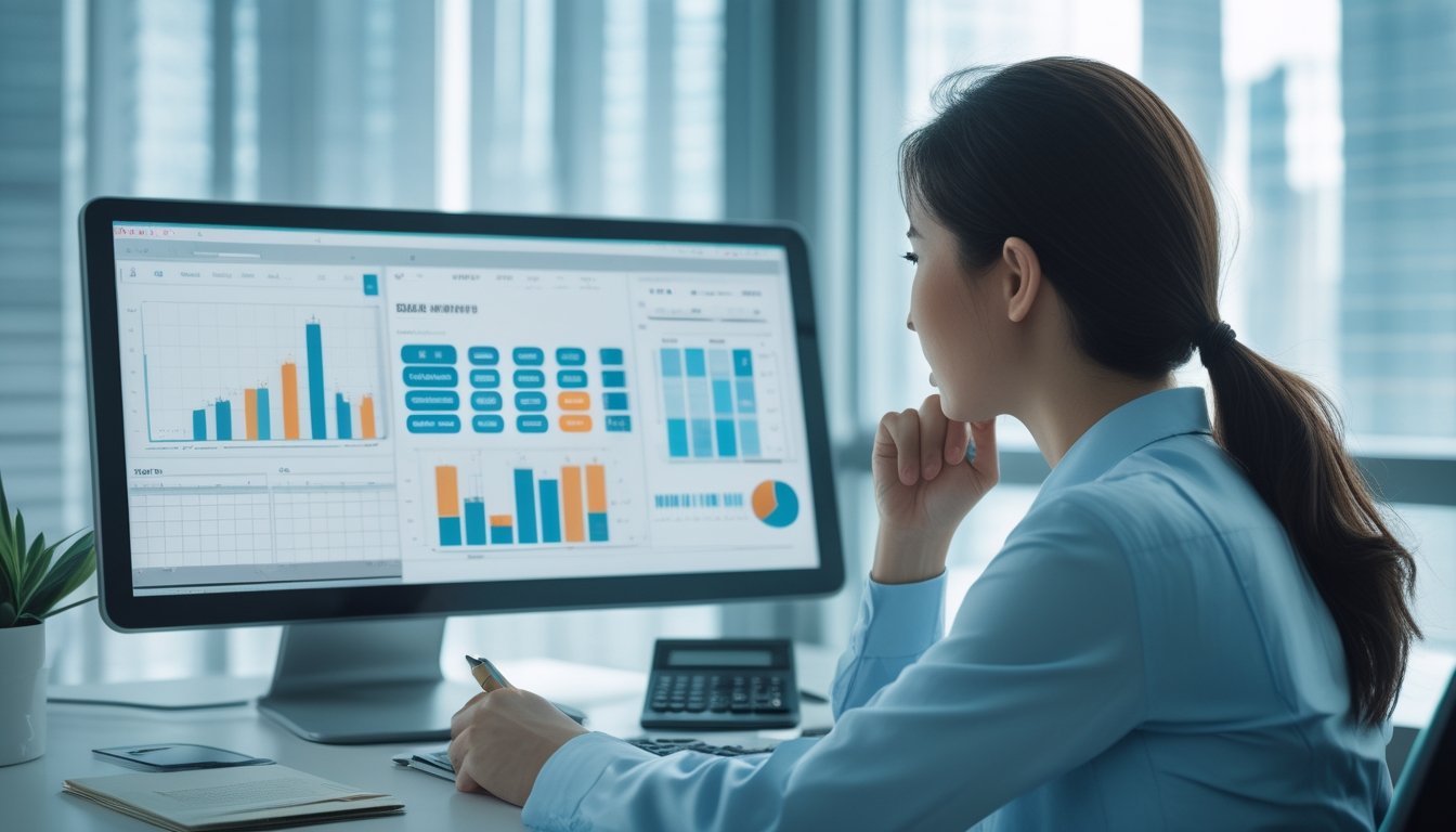 Seorang analis mempelajari pola probabilitas abstrak pada layar komputer di ruang kerja modern.
