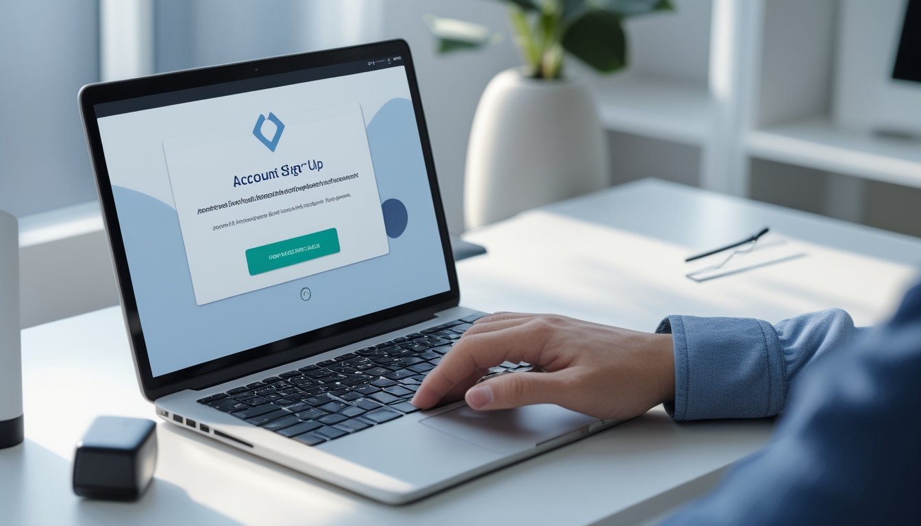 Laptop dan ponsel menampilkan konsep pendaftaran akun digital yang aman di meja kerja modern.