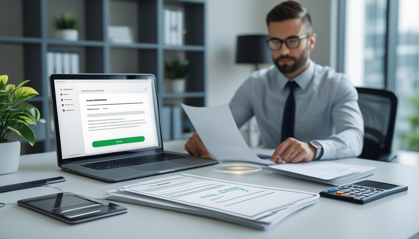 Seorang profesional memeriksa dokumen dan perangkat digital dengan simbol verifikasi di meja kantor.