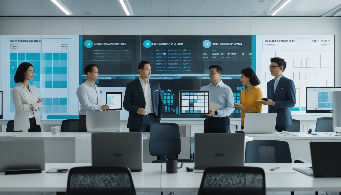 Tim analis dewasa membandingkan visualisasi data abstrak pada laptop dan layar di kantor modern.