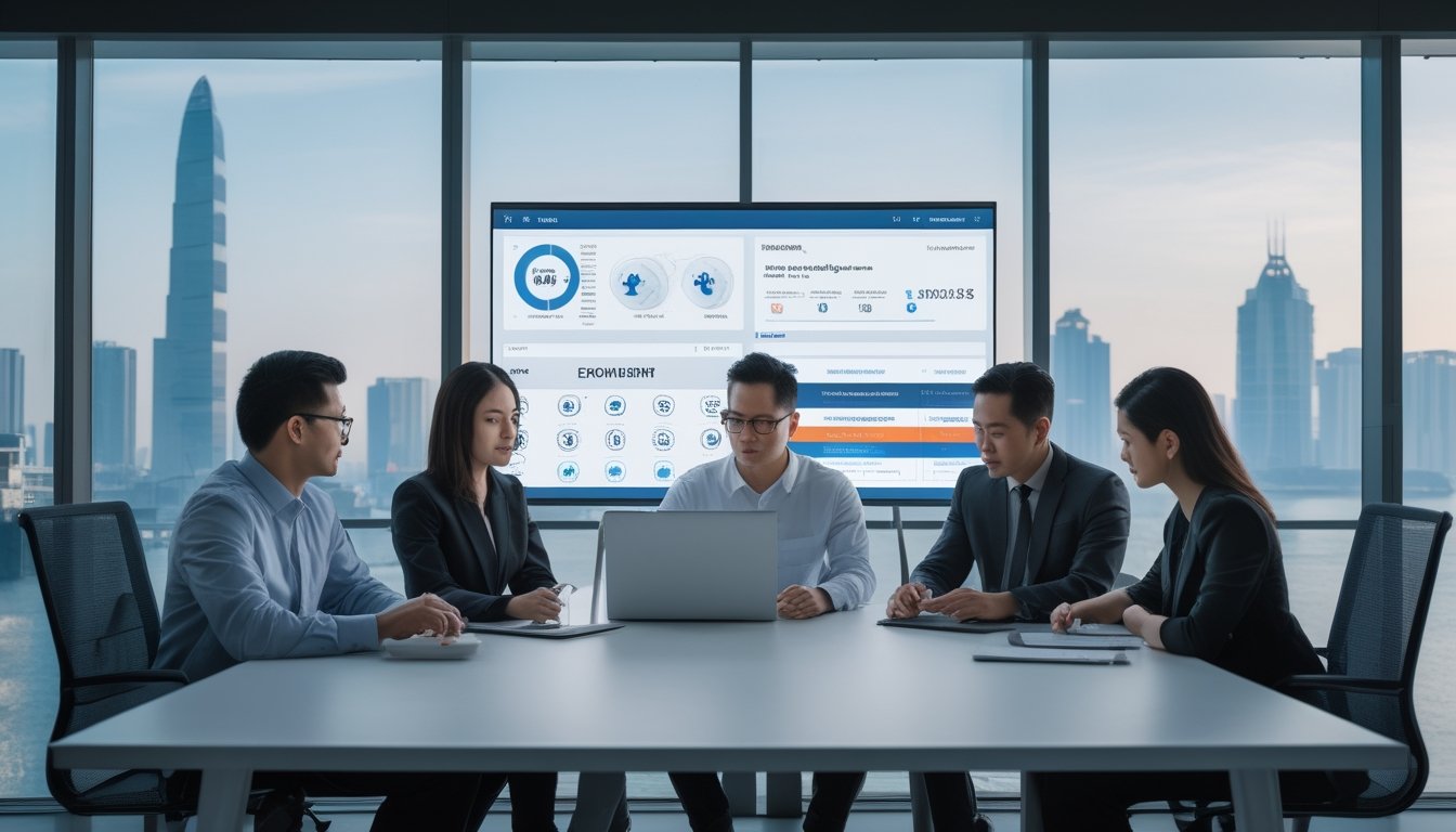 Tim dewasa menilai platform digital melalui laptop dan tablet di ruang kantor modern.