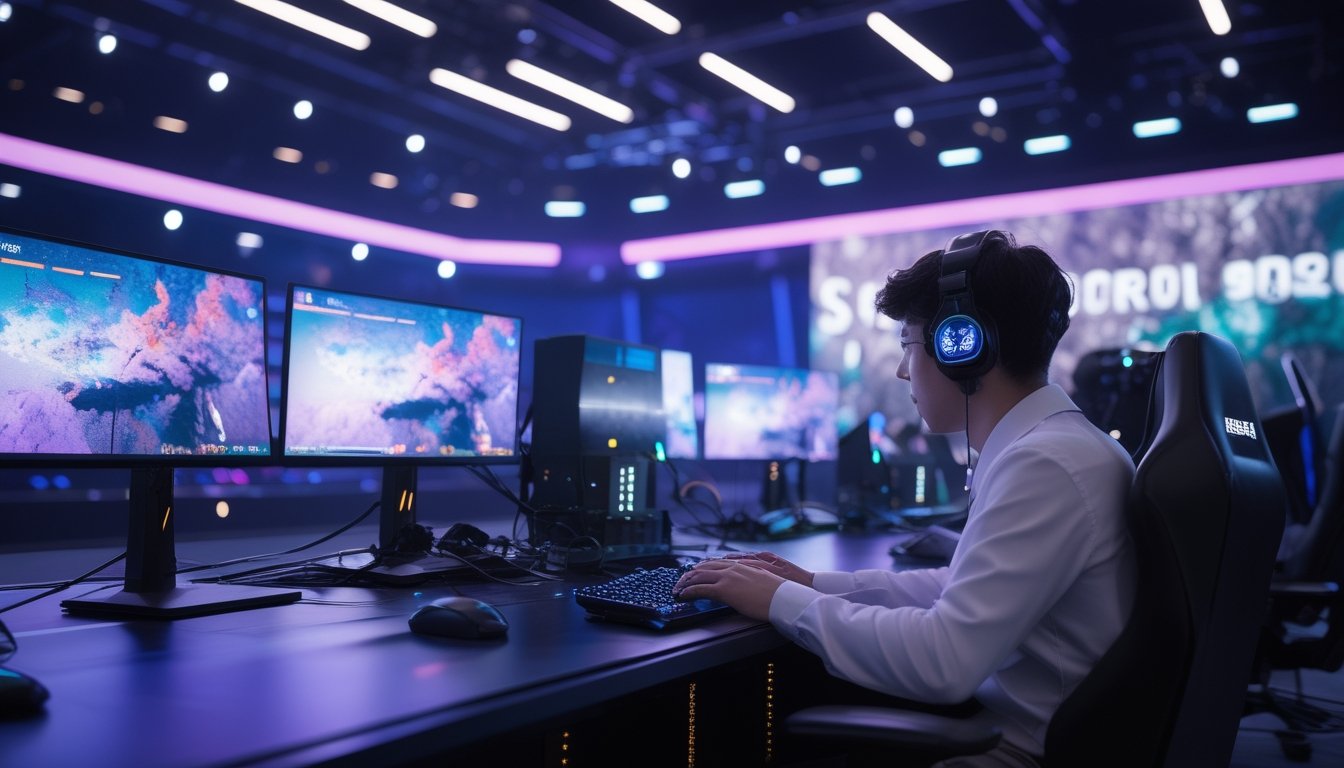 Pemain esports bertanding di studio dengan peralatan siaran langsung dan tim produksi profesional.