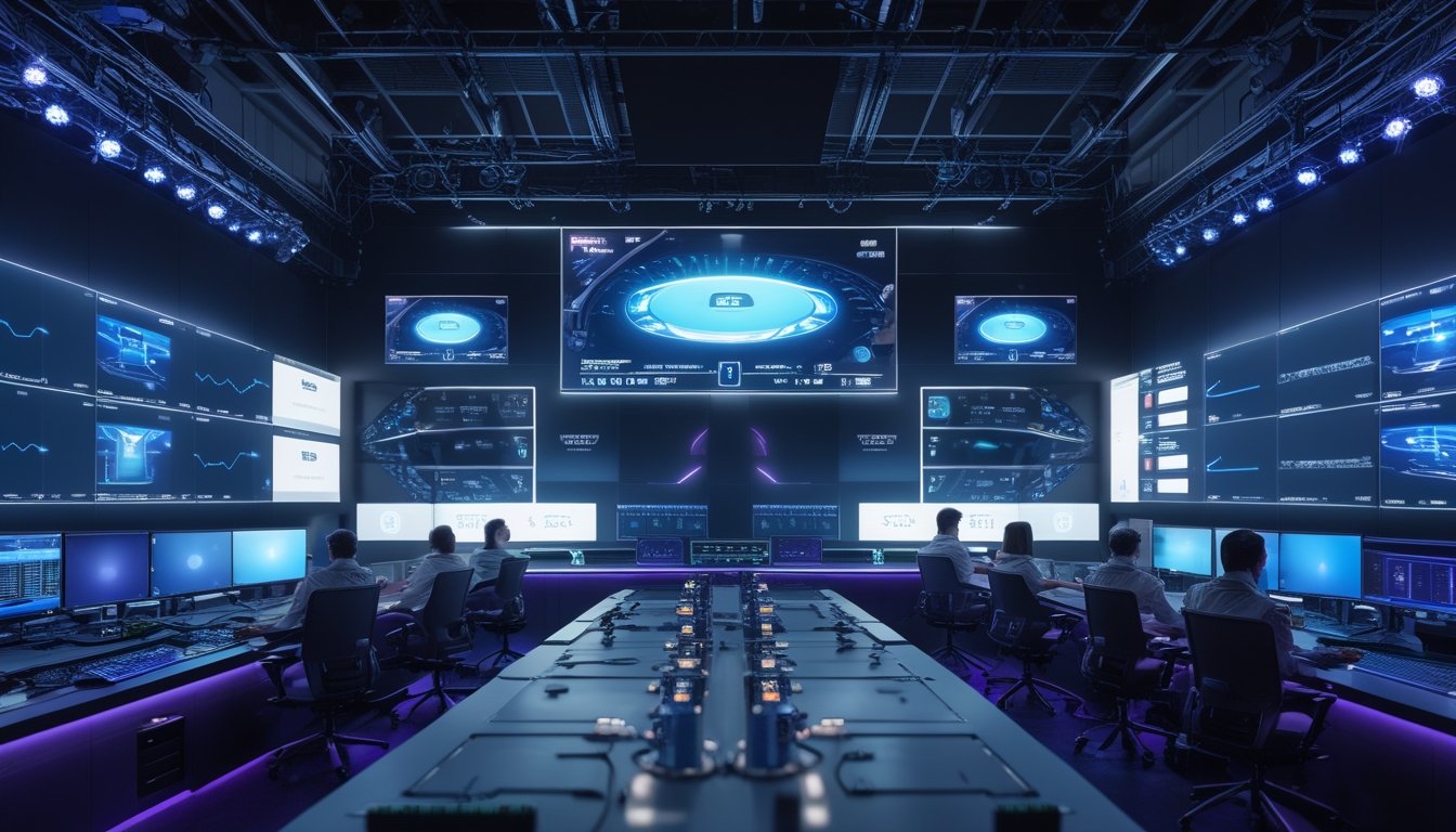 Tim produksi memantau siaran turnamen esports di ruang kontrol dengan layar dan peralatan streaming modern.