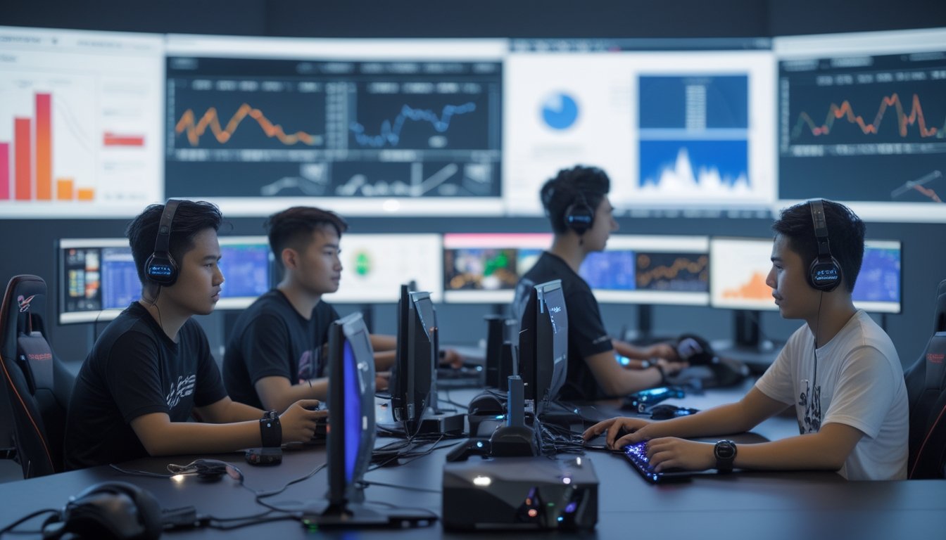 Komunitas pemain esports Indonesia berdiskusi dan beraktivitas di ruang gaming dengan layar analitik abstrak di latar belakang.