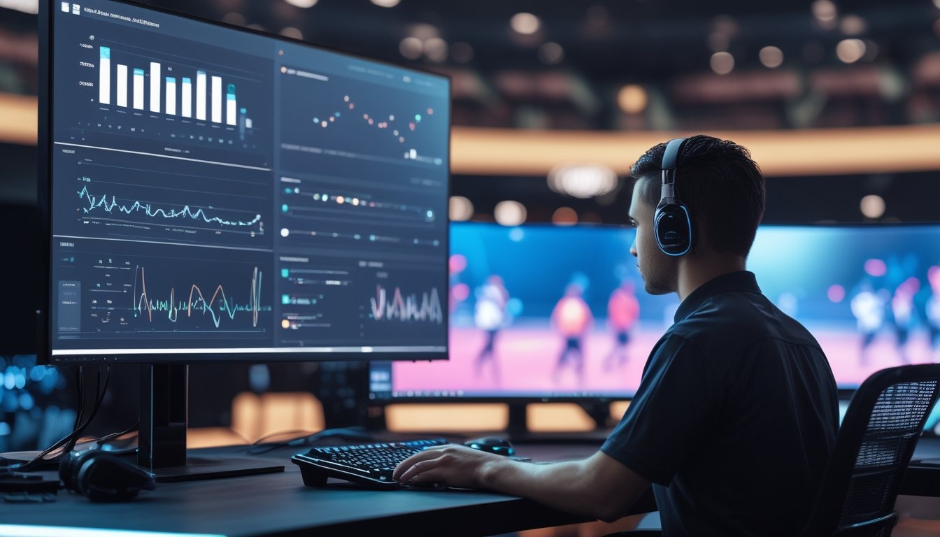 Analis esports mempelajari grafik statistik dan prediksi pertandingan di ruang kerja modern.