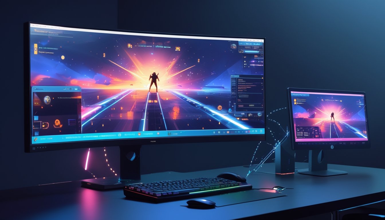Meja gaming modern dengan komputer, laptop, dan ponsel yang menampilkan visual permainan kompetitif.