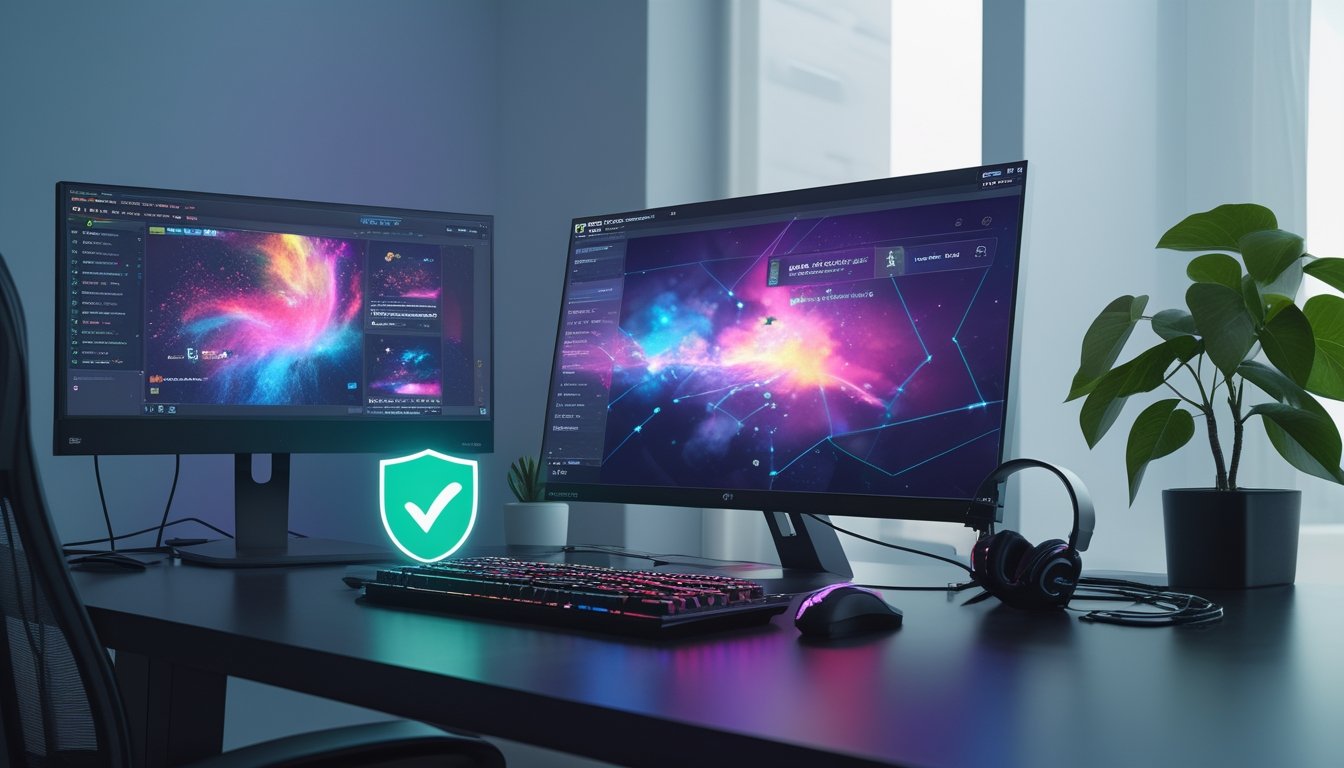 Meja gaming modern dengan komputer dan ponsel yang menampilkan visual permainan esports serta simbol keamanan.