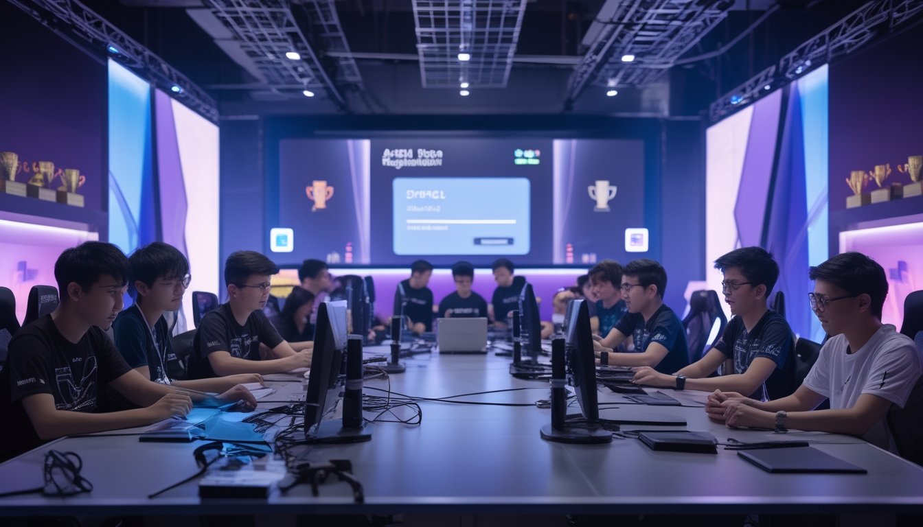 Sekelompok peserta muda mengikuti pendaftaran turnamen esports di arena permainan modern.