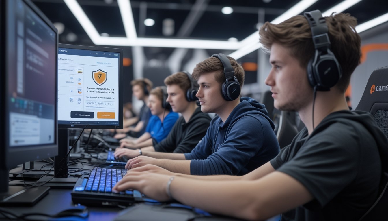 Peserta esports amatir memeriksa platform pendaftaran turnamen terverifikasi di laptop dalam arena gaming.