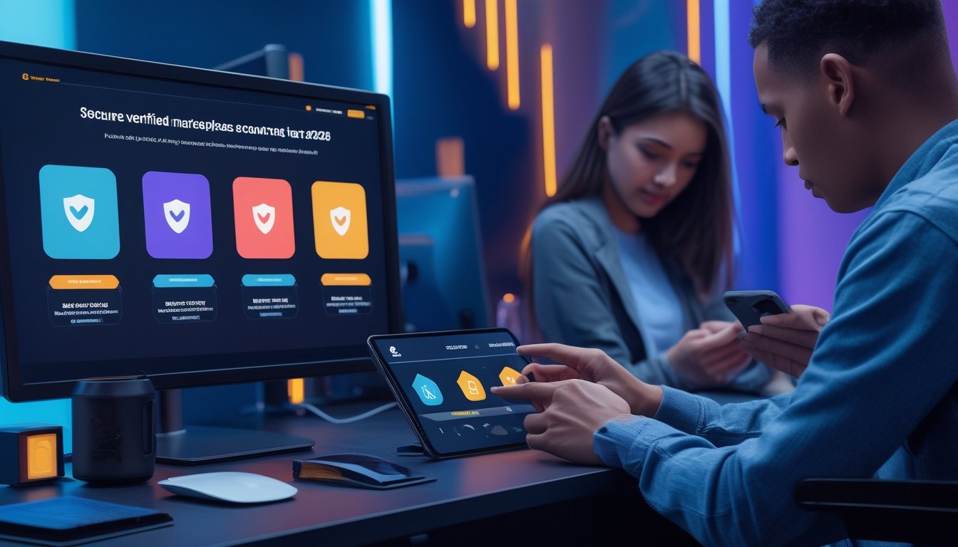 Dua pengguna esports melakukan transaksi aman melalui perangkat digital di ruang gaming modern.