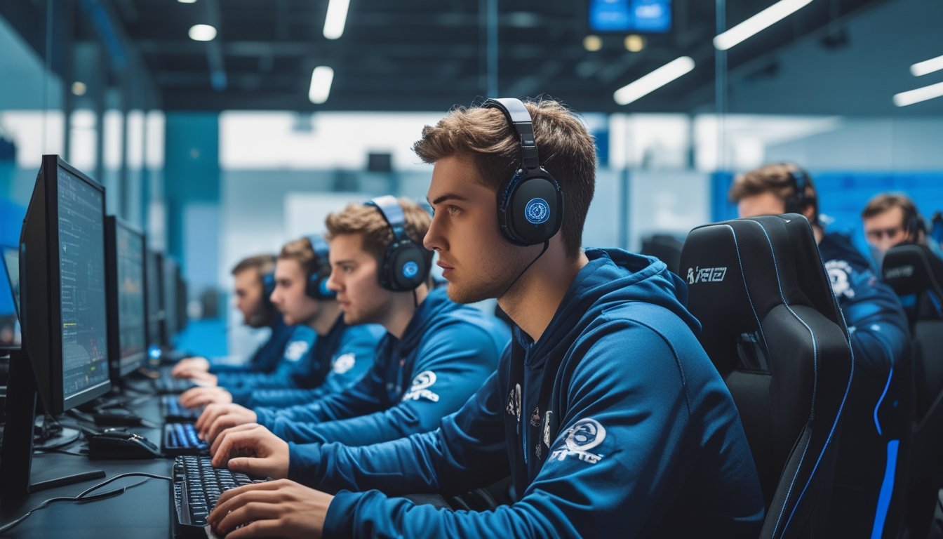 Tim pemain esports profesional berlatih bersama di fasilitas gaming modern.