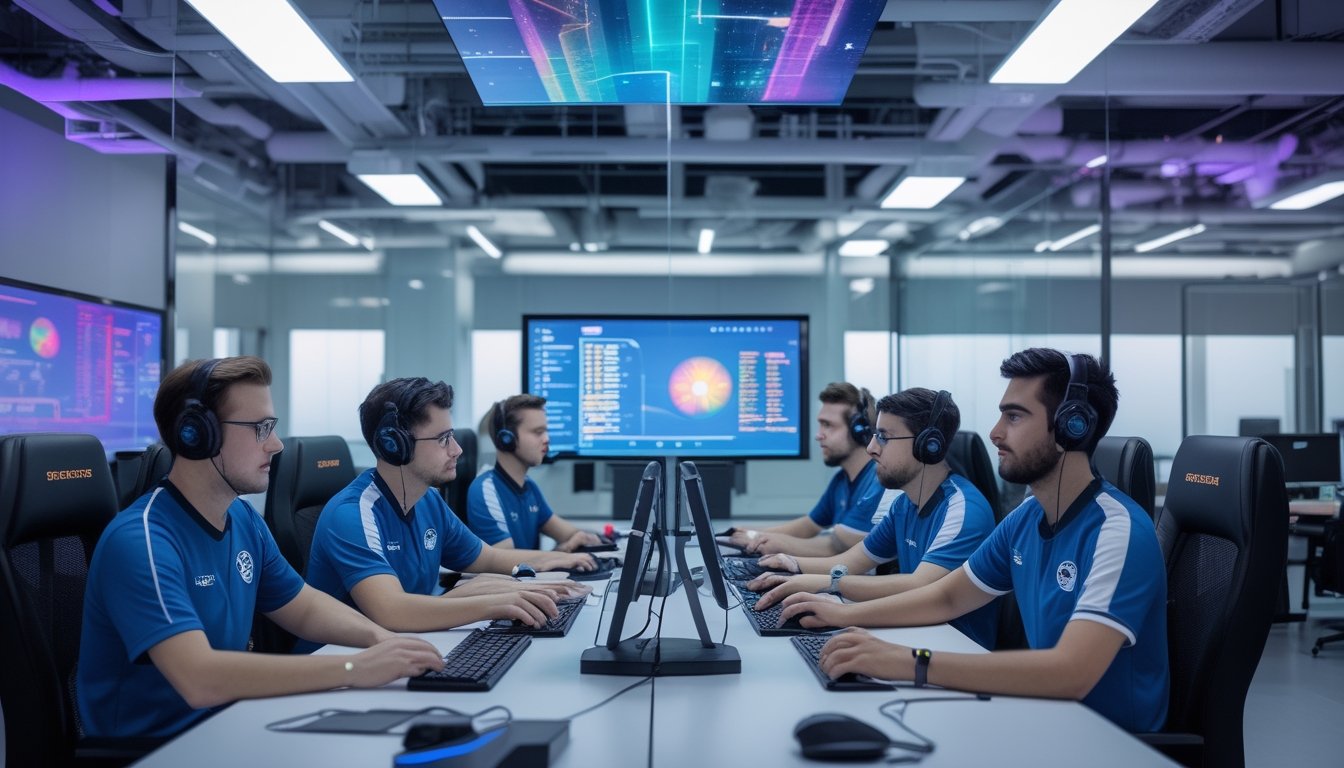 Sekelompok profesional esports berdiskusi di ruang kerja modern dengan komputer dan perlengkapan gaming.