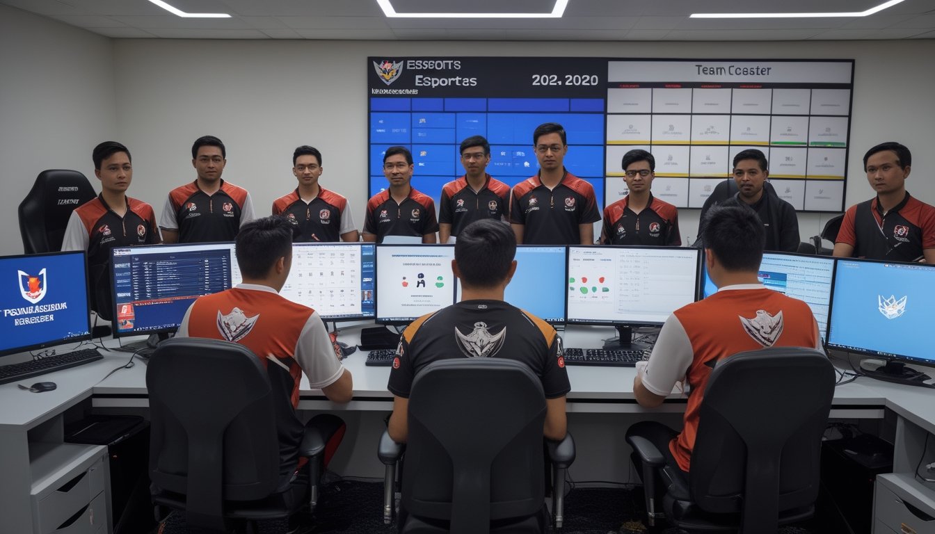 Pemain dan pelatih esports Indonesia berkumpul di fasilitas latihan modern dengan komputer gaming dan layar statistik.