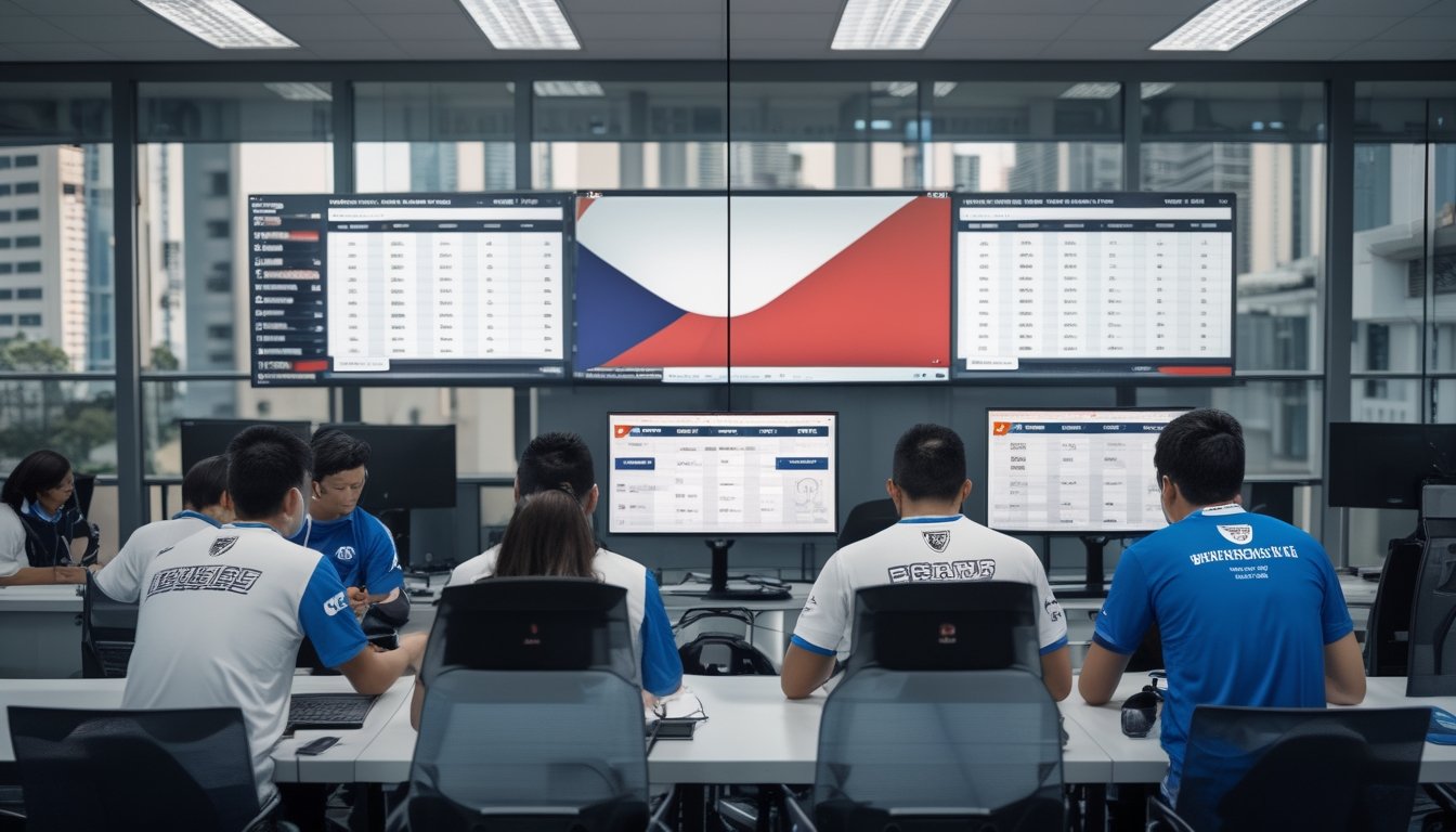 Tim esports Indonesia memeriksa data profesional dan susunan roster terbaru di ruang kerja modern.