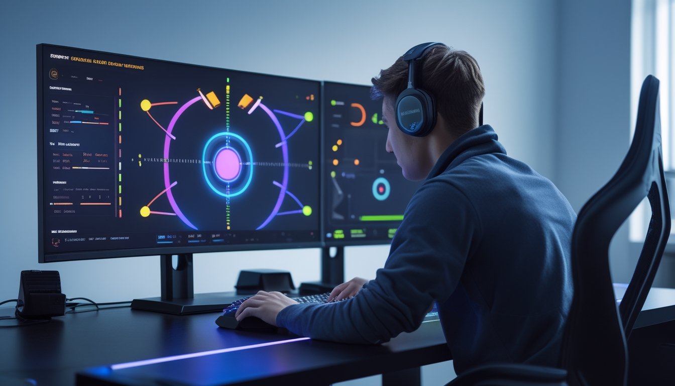 Seorang pemain esports berlatih refleks dan bidikan di depan komputer dengan dua monitor.