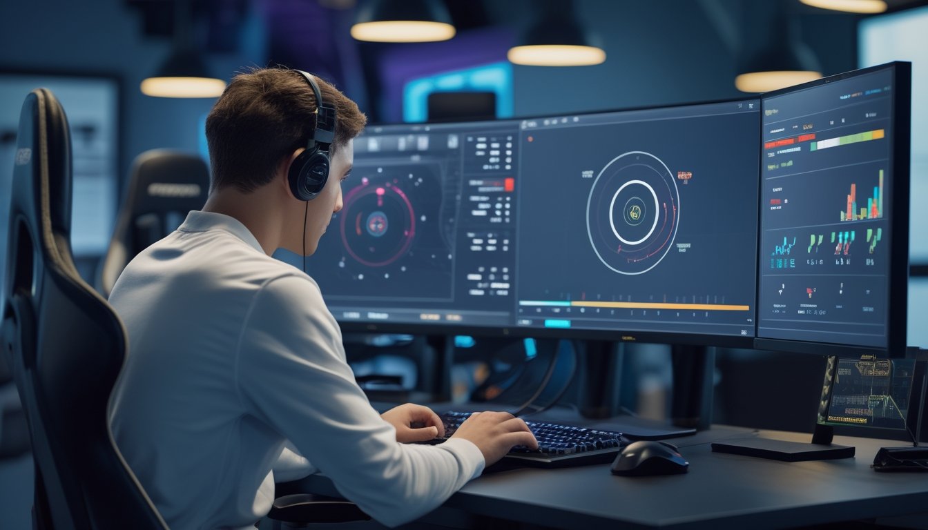 Pemain esports berlatih membidik pada komputer dengan tampilan target abstrak dan grafik performa.