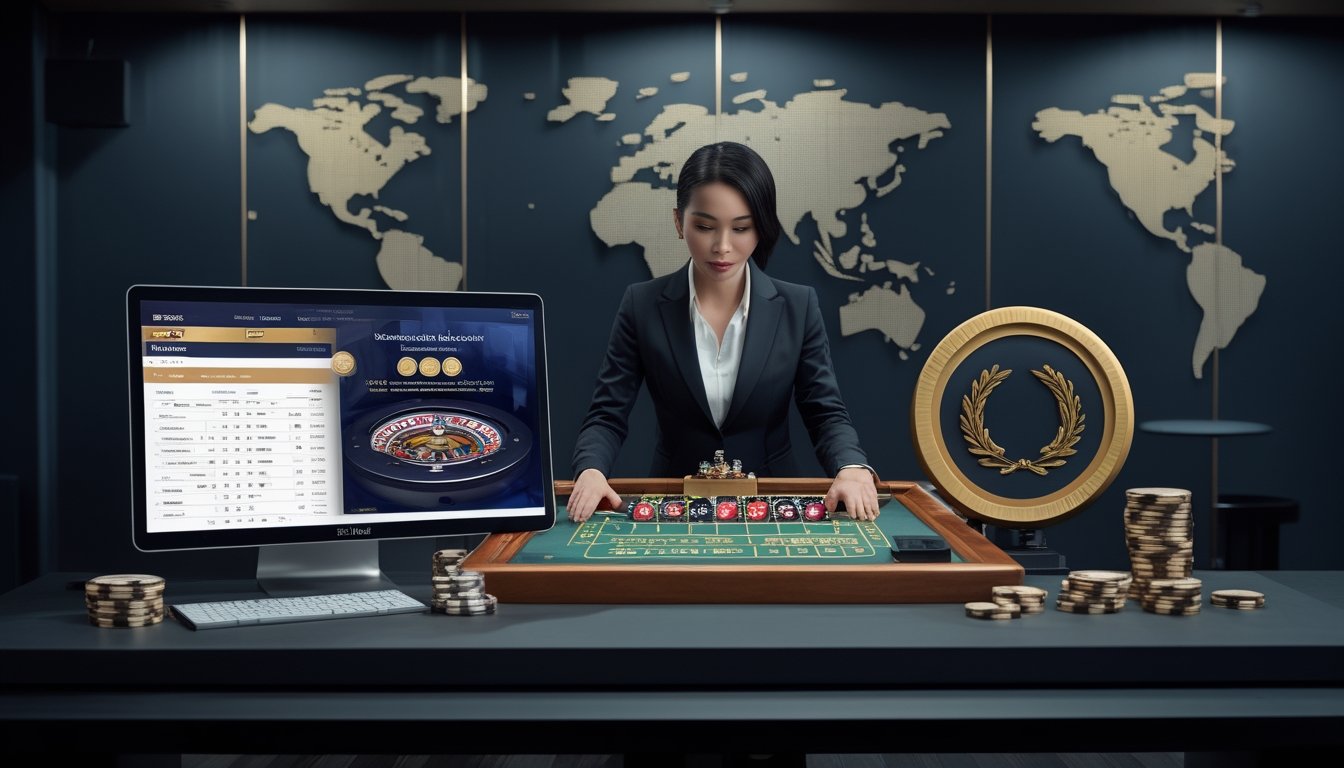 Dealer profesional berada di meja roulette dalam studio kasino langsung dengan simbol keamanan dan peta dunia di latar belakang.