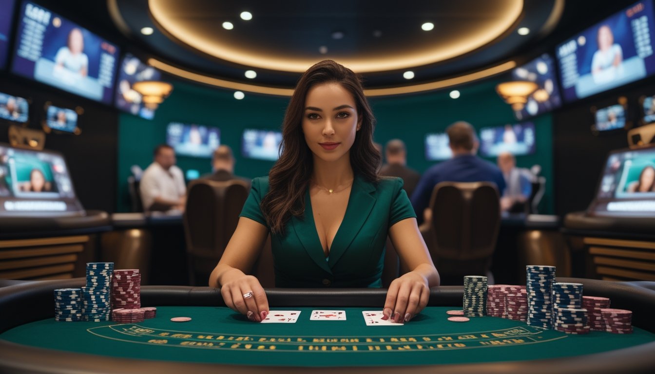 Dealer blackjack memandu beberapa pemain dalam permainan kasino online multipemain.
