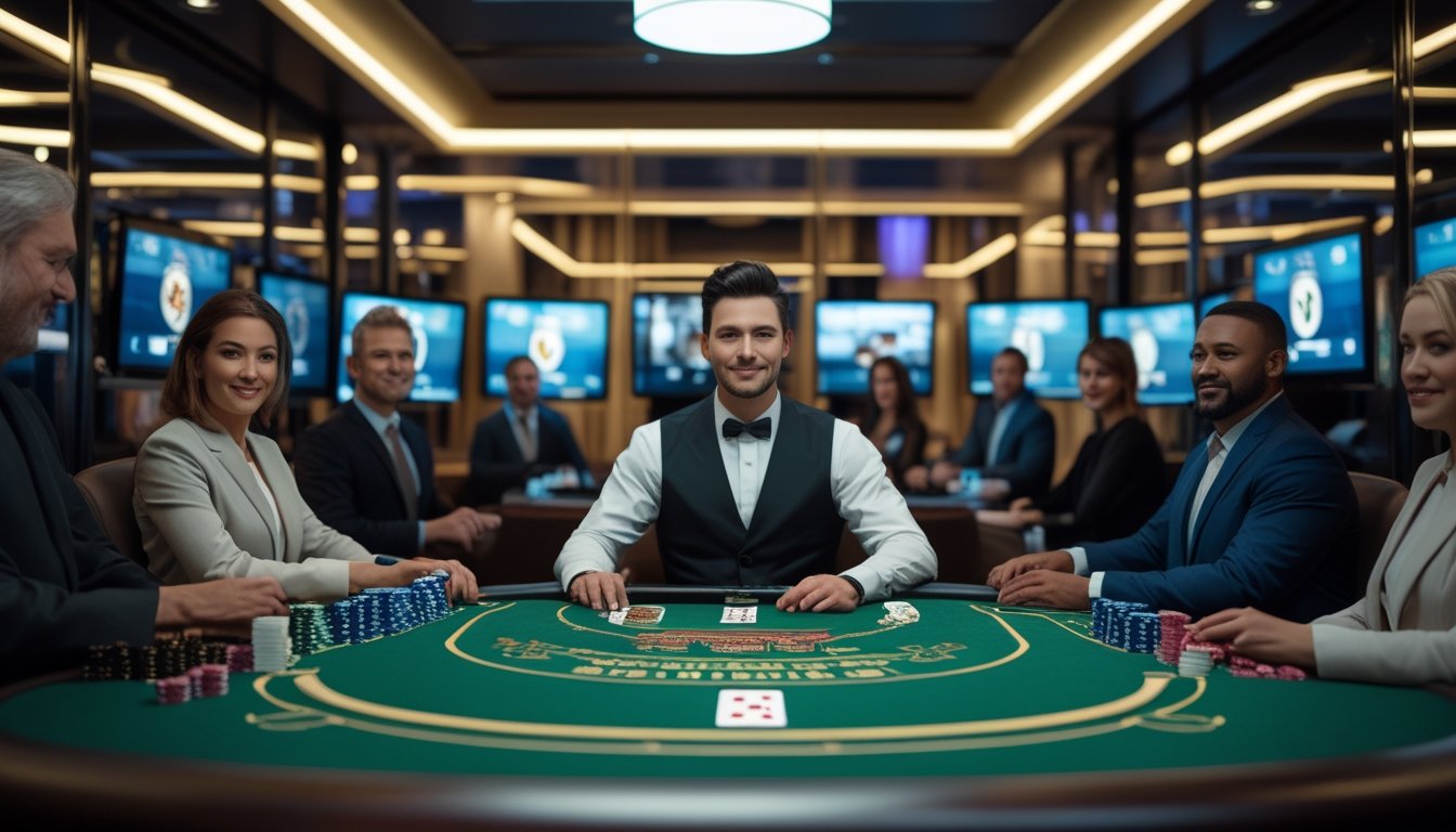 Dealer profesional memimpin permainan blackjack langsung dengan beberapa pemain di ruang kasino modern.