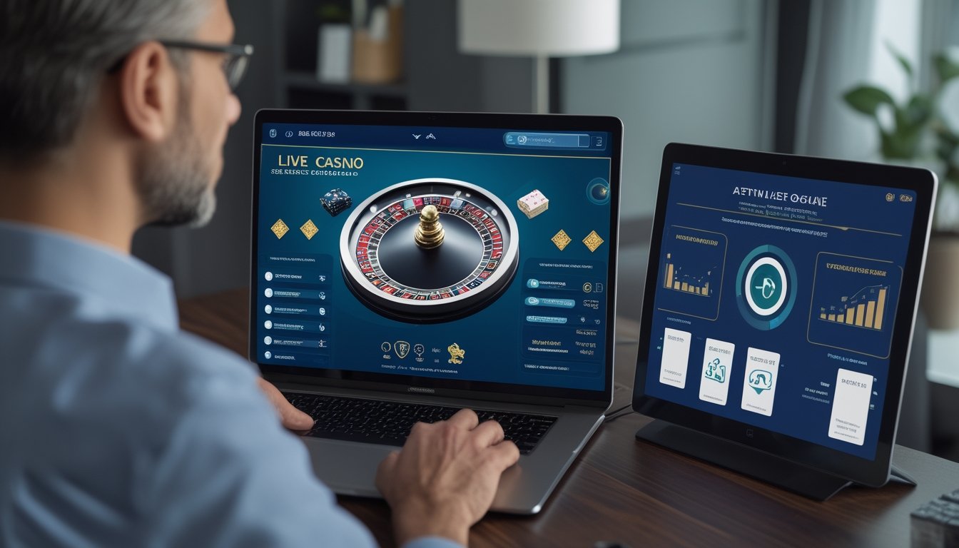 Seseorang membandingkan layanan kasino live online yang aman melalui laptop di ruang kerja modern dengan simbol keamanan dan keadilan.