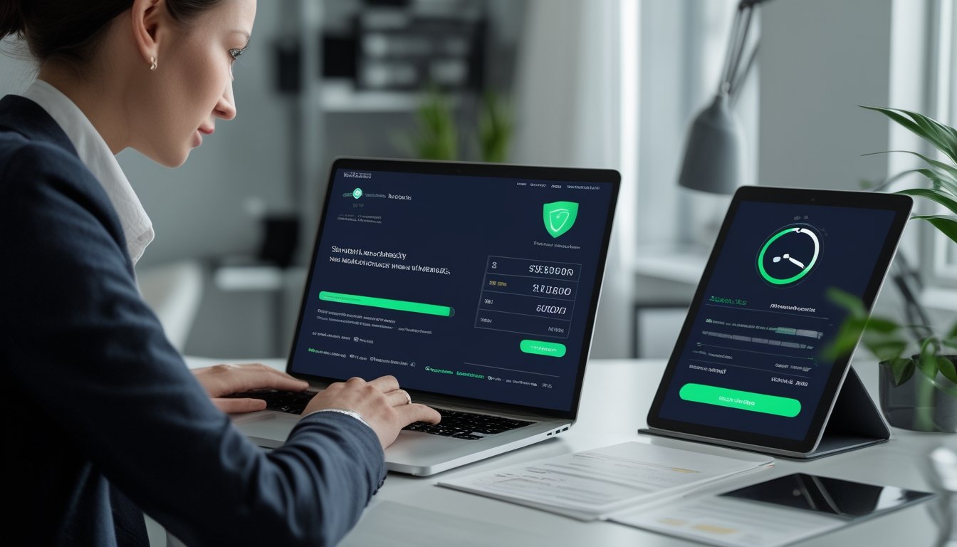 Orang dewasa memeriksa platform kasino daring di laptop dengan konfirmasi transaksi digital di ponsel.