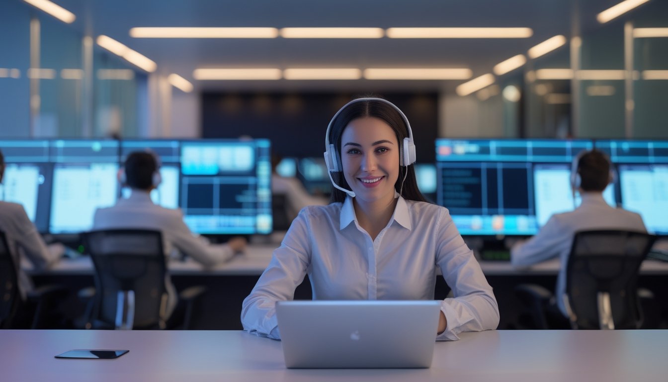 Tim layanan pelanggan bekerja dengan headset di kantor modern untuk membantu pengguna secara daring.